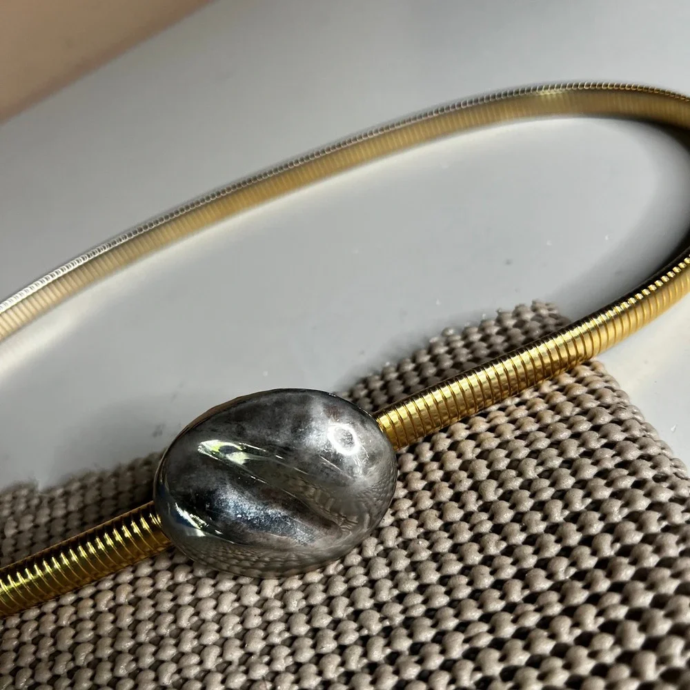 Vintage 80s Mixed Metal Stretch Snake Chain Belt Gold Silver Pebble Buckle